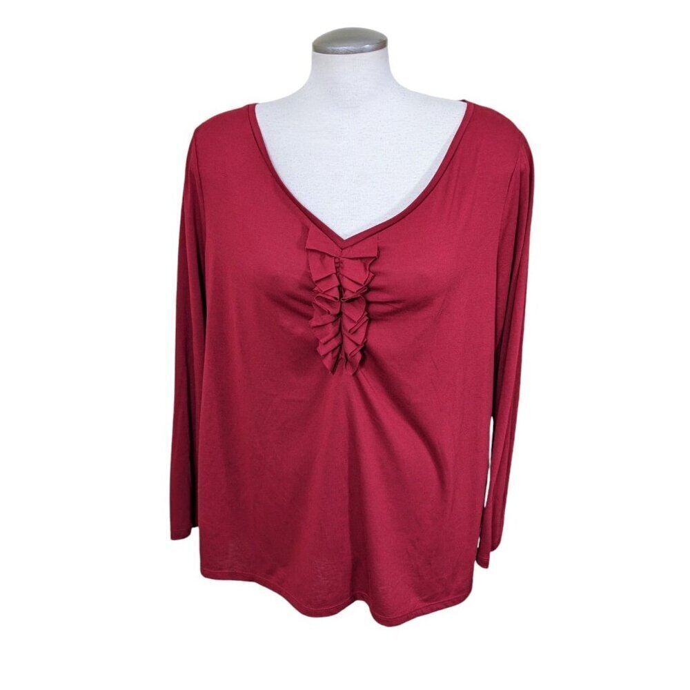 Talbots Shirt Top Womens Plus Size 2X Red Ruffle Front Stretch Knit Romantic